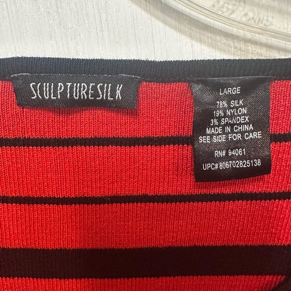 Sculpturesilk Red Black Striped Silk Blend Sweater Women’s Large 3/4 Sleeve - Picture 5 of 8